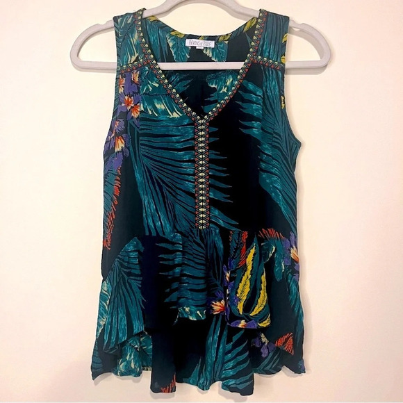 PATRONS OF PEACE Boho Tropical Floral Flowy Ruffle Hem Tank Top - Picture 1 of 5